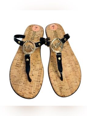 Michael Kors Black MK Logo Cork Thong Jelly Sandals Size 7